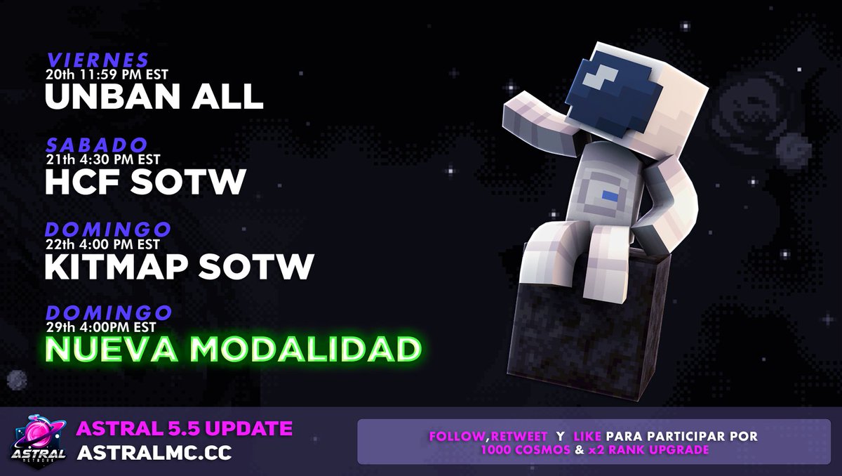 Fin de semana de pura Diversión, ¡Únete y prueba nuestra 5.5, no te la pierdas! 🥂

Todas las fechas de lanzamiento se encuentran en la imagen de abajo. 🚀

🔃 &amp; ❤️ para participar x1 Pack de 1000 Cosmos y x2 Rank Upgrades.