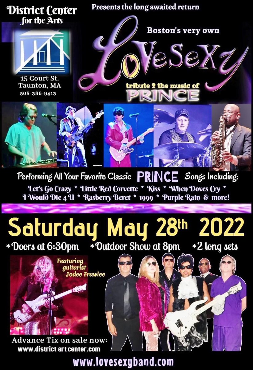 LoVeSeXy PRINCE Tribute Band (@LoVeSeXy_band) on Twitter photo 2022-05-21 15:45:35 Join @LoVeSeXy_band tribute to Prince on Sat May 28th. at District Center For The Arts -Taunton,MA. Get your Tix on sale NOW at: districtartcenter.com. #PrinceTributeBandMA #funkmusic #eightiesmusic #lovesexy #lovesexyband #princetribute #premierprincetribute Join @LoVeSeXy_band tribute to Prince on Sat May 28th. at District Center For The Arts -Taunton,MA. Get your Tix on sale NOW at: districtartcenter.com. #PrinceTributeBandMA #funkmusic #eightiesmusic #lovesexy #lovesexyband #princetribute #premierprincetribute