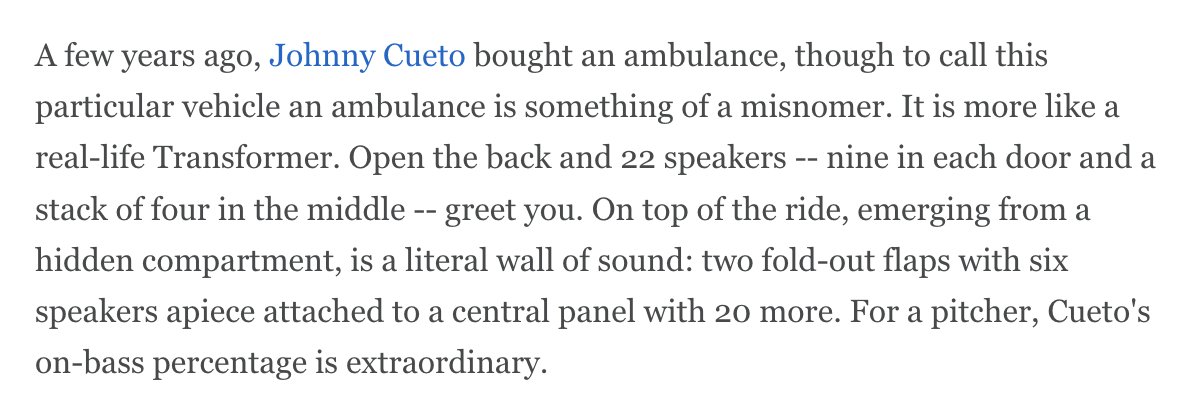 Johnny Cueto owns an ambulance that transforms into a portable sound wall with 54 speakers. It's just another reason he is The Most Interesting Man In Baseball. Story at ESPN, free and unlocked, on the legend of leisure -- and, it turns out, work ethic: es.pn/3lu9tjt