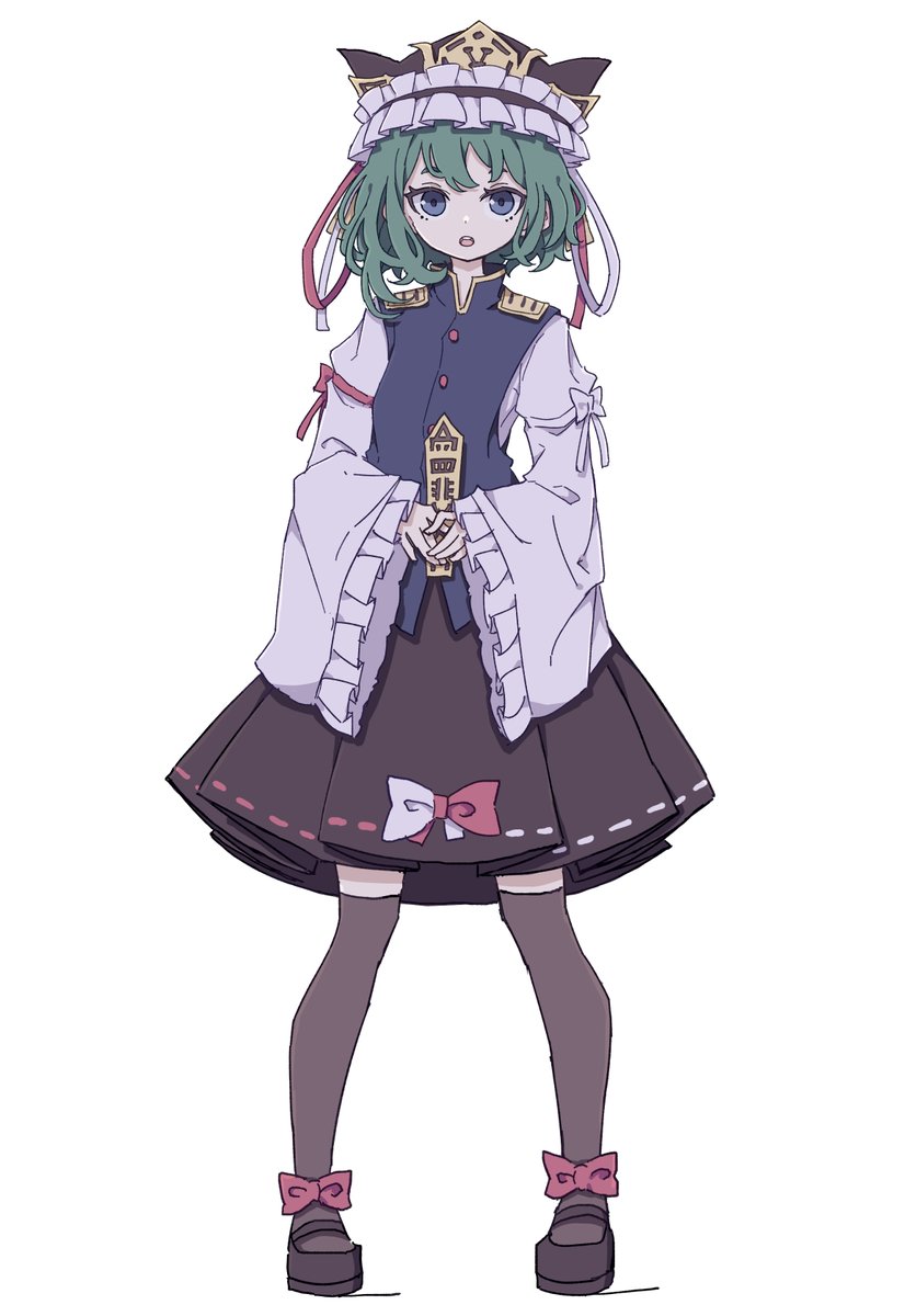 shiki eiki 1girl solo rod of remorse hat green hair skirt white background  illustration images