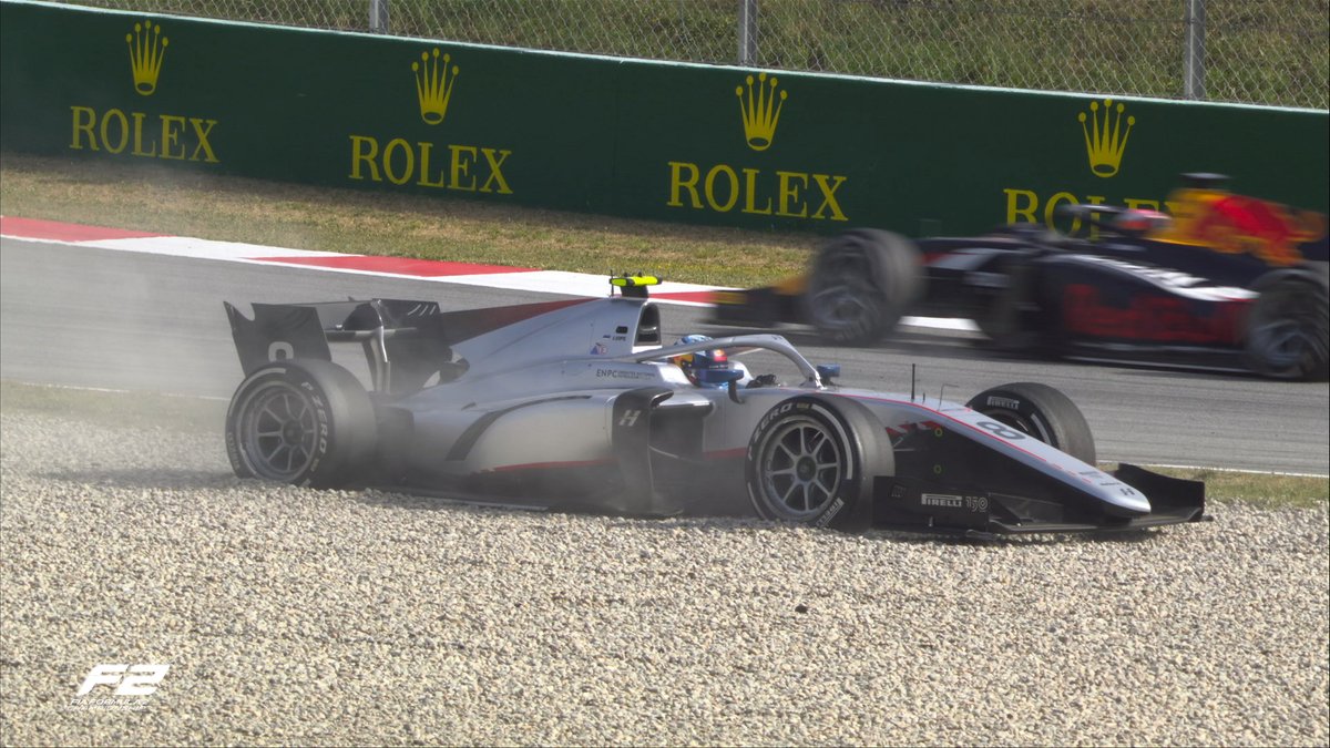 Formula2's tweet photo. ⚠️ SAFETY CAR (LAP 6/26) ⚠️

Juri Vips spins off at Turn 4 and is beached in the gravel 😫

#SpanishGP #F2 https://t.co/BwDKCi3Ql0