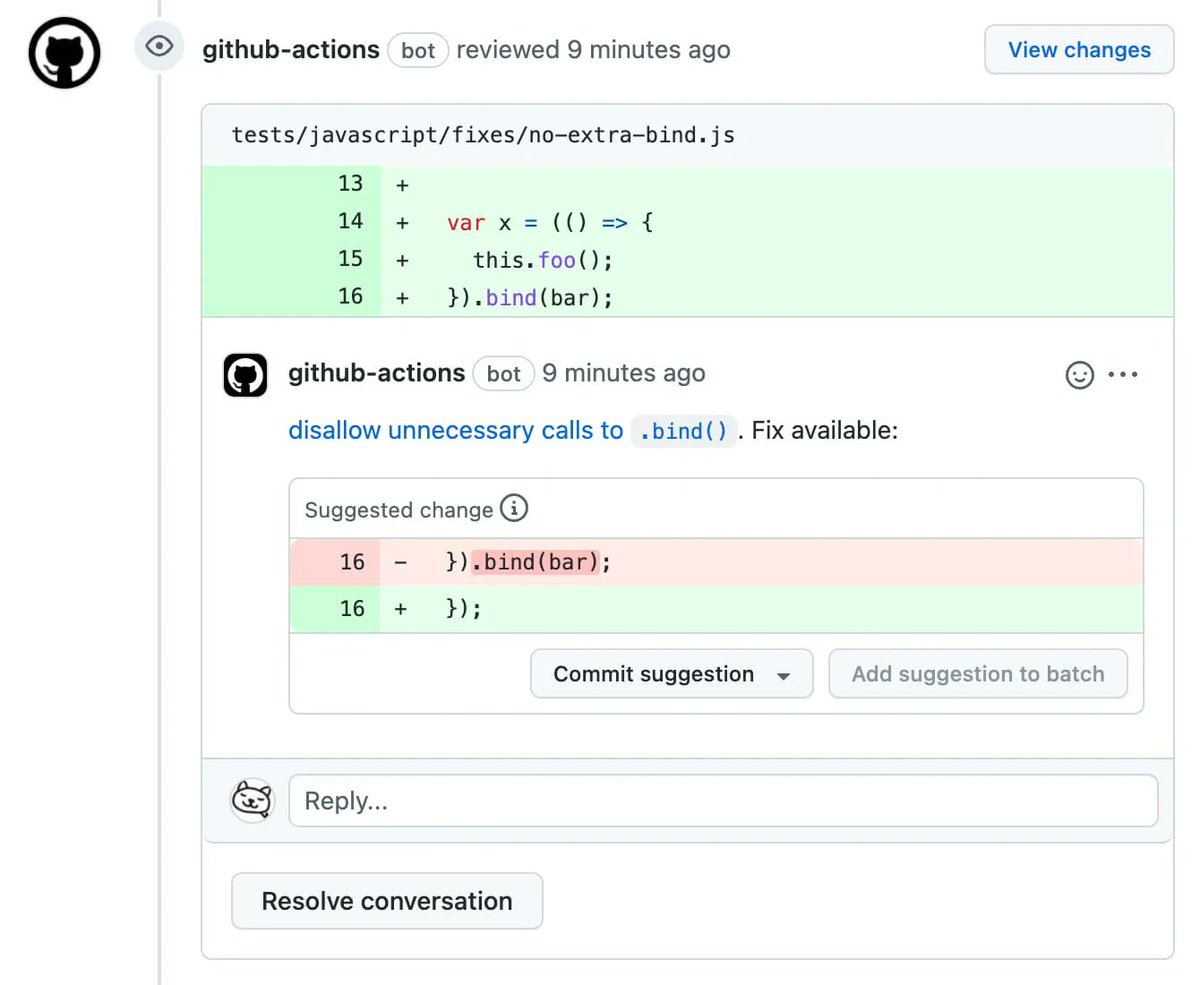 ESLint Suggestion 更新到 v1.7.0 啦。这是一个 GitHub Action，它能够帮你在 GitHub Workflow 里跑 ESLint，然后把 ESLint 结果中的每一条在对应的文件和行号上加上评论，使得 code review 时所有 ESLint 错误一目了然。 github.com/marketplace/ac…