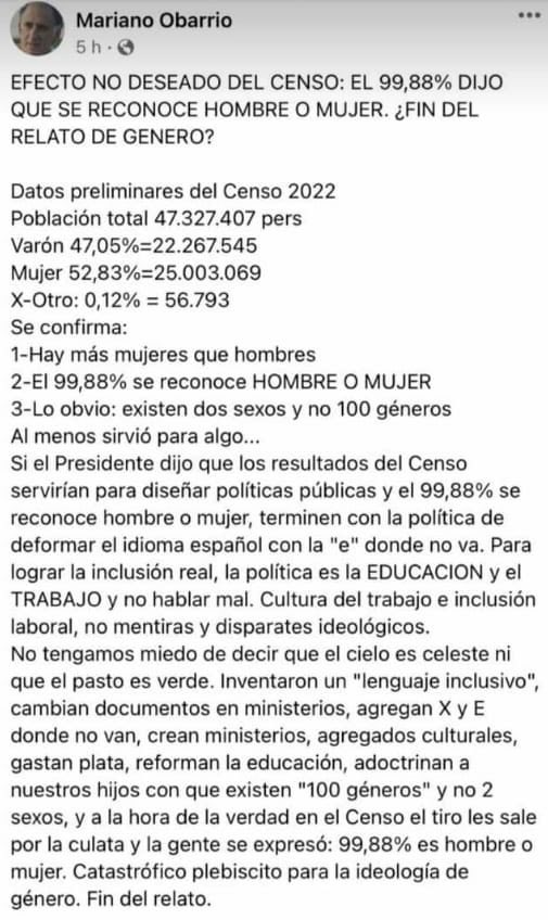 En Argentina, acaban de terminar censo, y el 99,88% de la población se reconoce HOMBRE o MUJER.  Les invito a leer la información adjunta sobre las implicaciones que ese dato arroja para el diseño y promoción de políticas públicas, incluido el uso correcto del español.