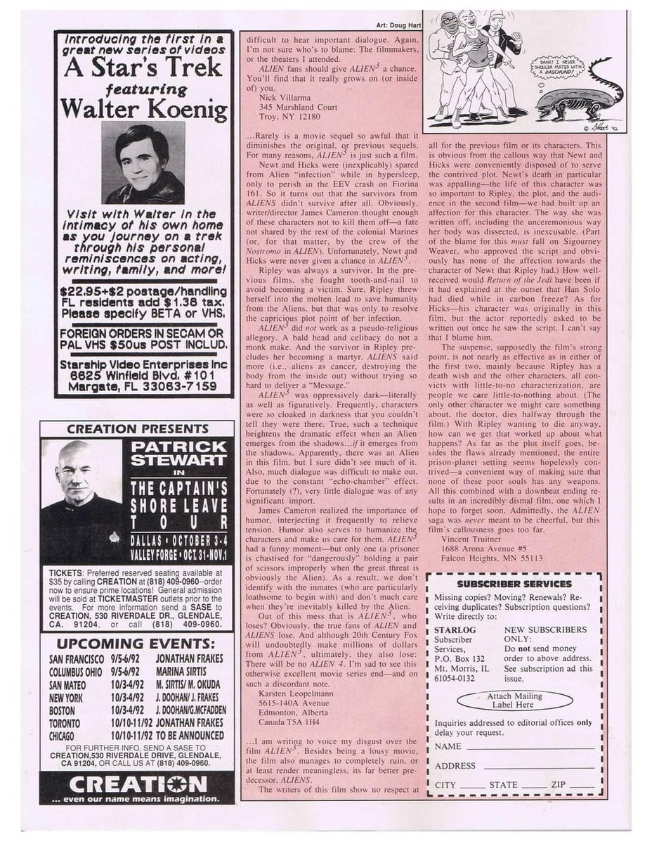 avpgalaxy's tweet photo. In the days before the Internet, fans took to genre magazines like Starlog to share their thoughts. The following are letters written by fans featured in issue #183 of Starlog. #Alien3 #Alien330th #30DaysFor30Years #Starlog #BeforeTheInternet #Alienated https://t.co/50Kod8pXsm