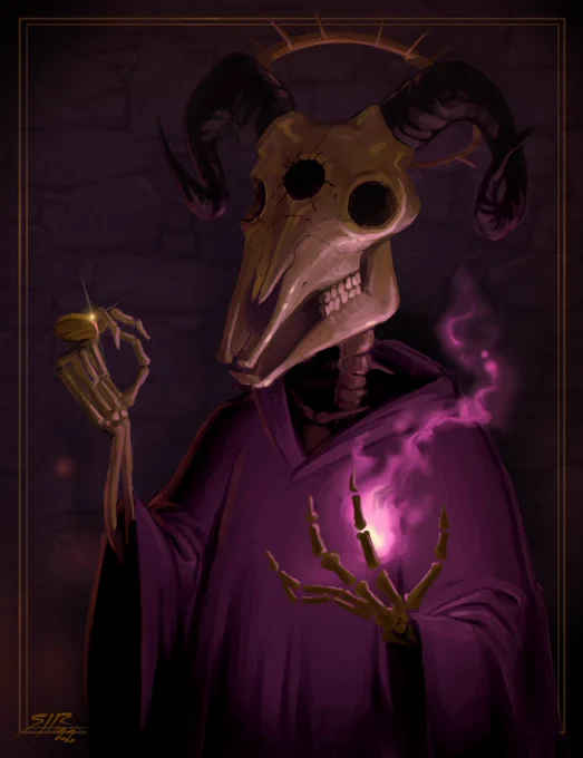 A Necromancer, done on a commission livestream for @dosh_bones!  It was a challenge, but I'm pretty happy with how this one turned out 🐏 
