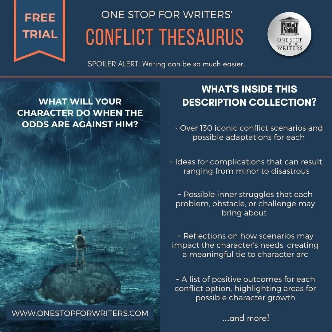 AngelaAckerman's tweet photo. Need a database of 
Obstacles
Challenges
Moral Dilemmas
Failures &amp; Mistakes
Duty &amp; responsibility
No-Win Scenarios
&amp; Ticking Clocks 
To make things difficult for your characters? 

Check out One Stop for Writers Conflict Database https://t.co/KPxMdvmStt #writing #amwriting https://t.co/CcJIq9MEbn