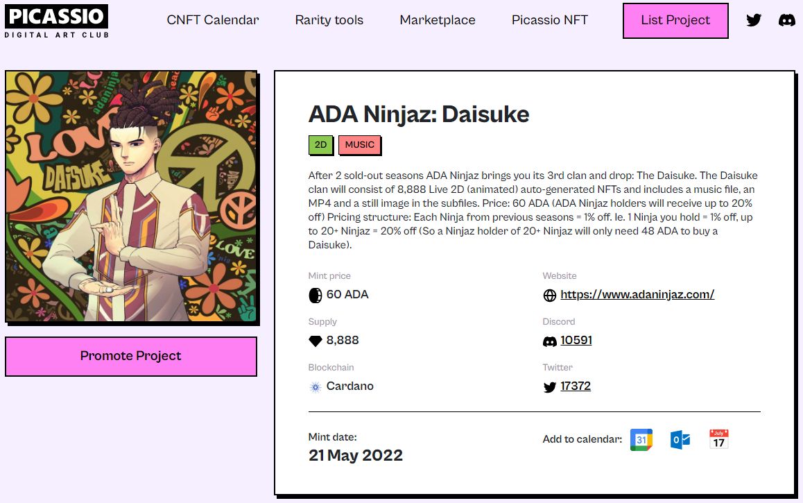 PicassioArtNFT's tweet photo. The Daisuke Clan (S3) by @ADANinjaz Is Dropping in 3 Hours 🔥
Check Out Their Listing on #Picassio #CNFT Calendar 👉 https://t.co/qtPv6ftyuV
#CNFTproject #CNFTcollection #CNFTdrops #CNFTcalendar #CNFTCommunity #NFTdrops #NFTcalendar https://t.co/b6KMnPa2Ru