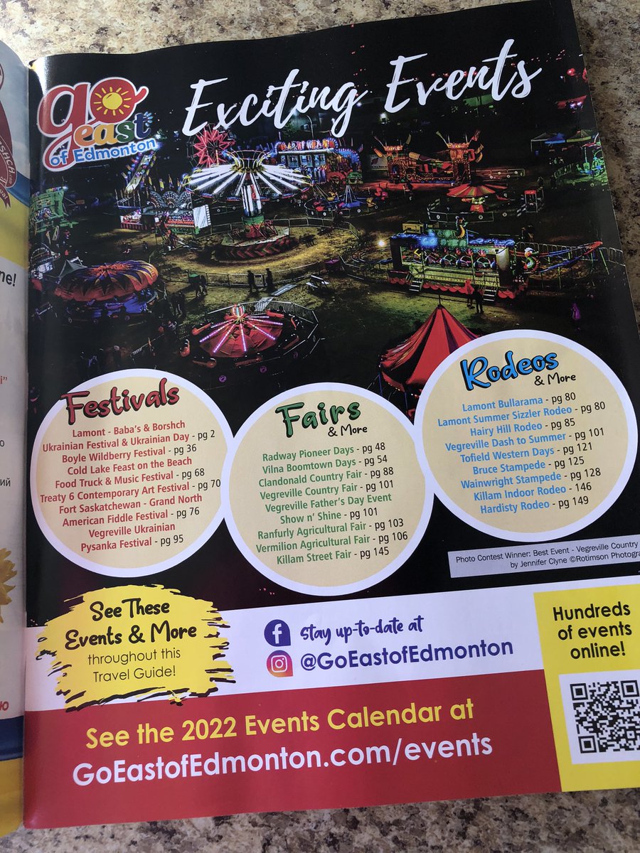 vegagsoc's tweet photo. There’s so much to be excited about!!Our Fair is featured on page 3 of the 2022 GO EAST of Edmonton Daytrips &amp; Getaways Travel Guide! AND…Gord Bamford is coming to town Friday, August 5th!!! TICKETS WILL GO ON SALE this week! 

#goeastofedmonton #vegfair2022 #exploreVegreville https://t.co/IKX1iZQKJU
