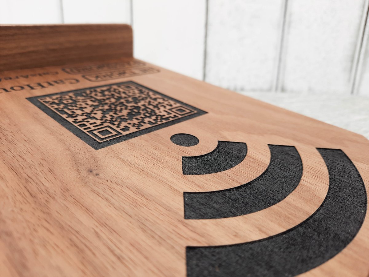 Standing WiFi QR code sign. Easily allow guests to instantly connect to your WiFi! Engraved and painted Walnut wood.
Boogiemandesigns.com

#WiFi #QRcode #QRCodes #Wooden #walnutwood #engraved #painted #airbnb #rentals #hospitality #apartmentdecor #handmade #Signs #woodensign