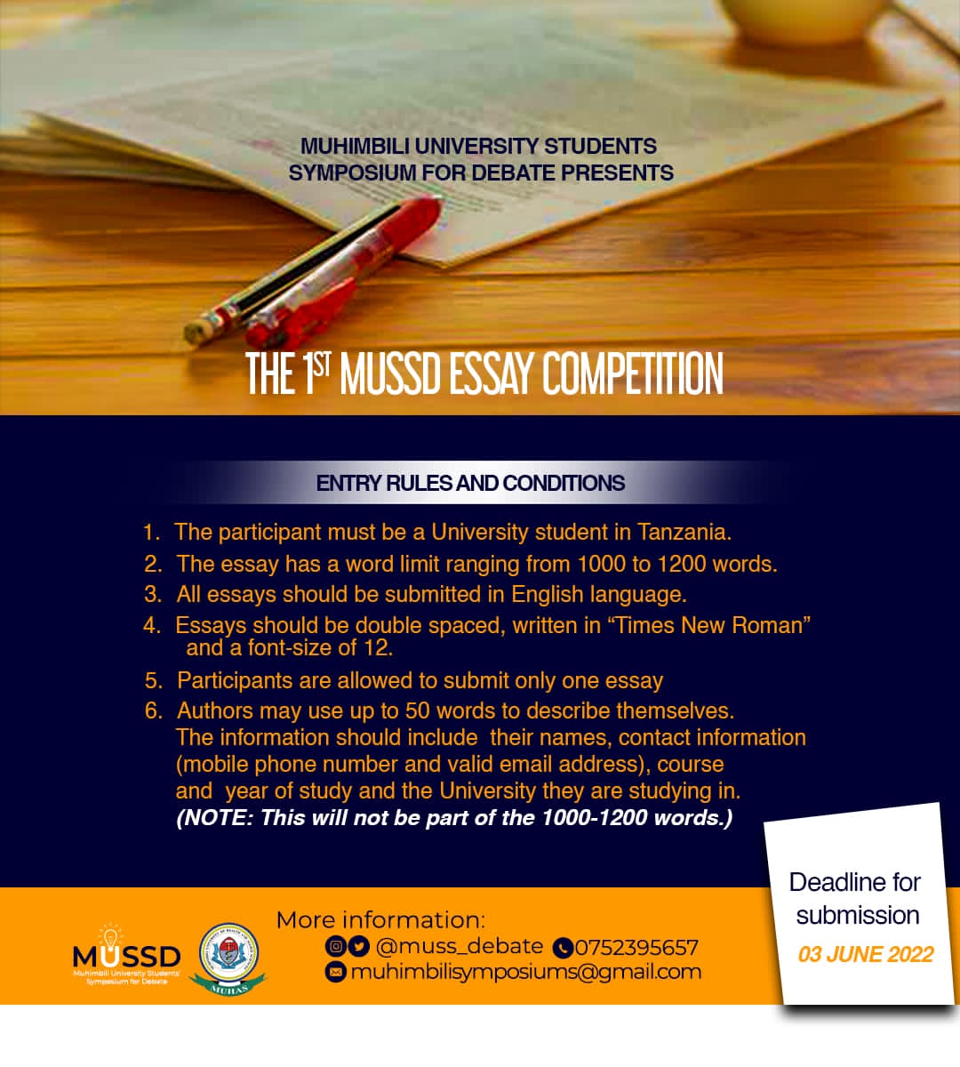 WhitefrankFrank's tweet photo. #MUSSD brings to you the first ever MUSSD essay competition for UNIVERSITY STUDENTS'. The winner will be handsomely awarded during the #DataAnalytics symposium this June. Take your chanceโ๐พโ๐พ
#MUSSD2022
#BigDataAnalytics https://t.co/ljhfRwLYx2 https://t.co/0zHwMTd6Kf