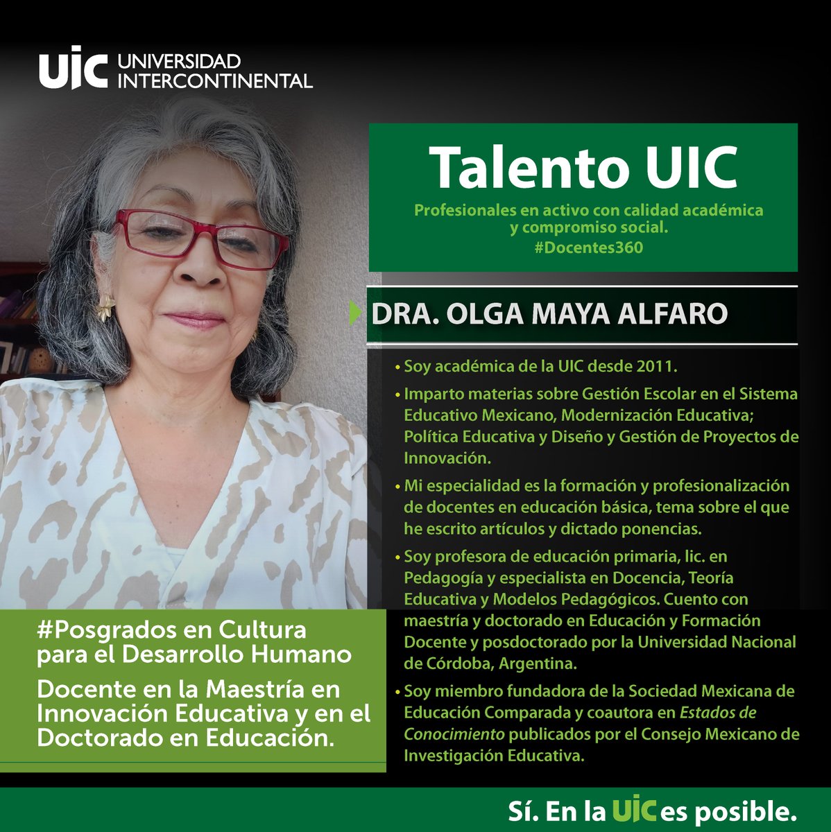 RectorUIC's tweet photo. rt @uicmx: #TalentoUIC La Dra. Olga Maya Alfaro ha sido académica UIC desde 2011 y es docente en la #Maestría en Innovación Educativa y en el #Doctorado en Educación. 
Estudia en la UIC con una formación humanista a través de un programa renovado. https://t.co/QkRdCzDYOz