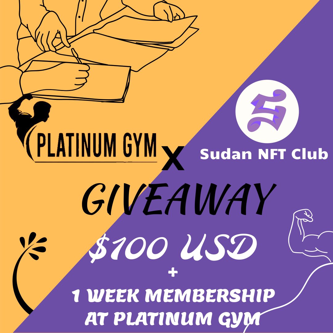 SudanNftClub's tweet photo. To celebrate this amazing partnership we are giving away $100USD &amp; a One Week Membership to Platinum Gym.

How To Enter:

1. Follow @SudanNftClub , @PlatinumgymSd 
2. Like &amp; RT
3. Tag your friends

Goodluck ✨

There will be more info on this partnership soon. https://t.co/FrCSdOVzmf