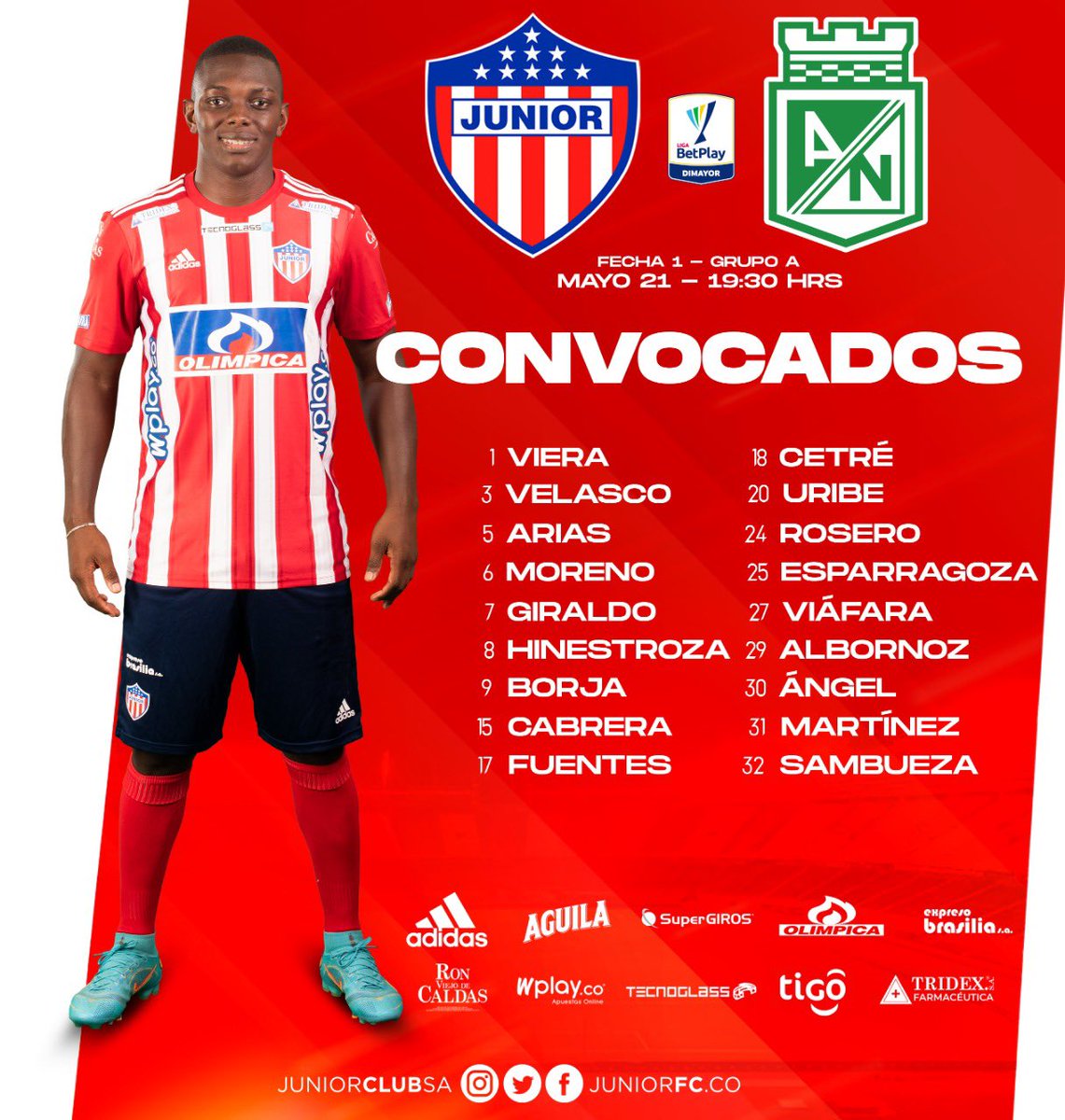 JuniorClubSA's tweet photo. 📝| #LigaBetPlay🏆 | ¡Nuestros  1️⃣8️⃣ convocados para el partido ante Nacional! 

#VamosJunior🔴⚪🔵 https://t.co/cz8yV6Uv9R