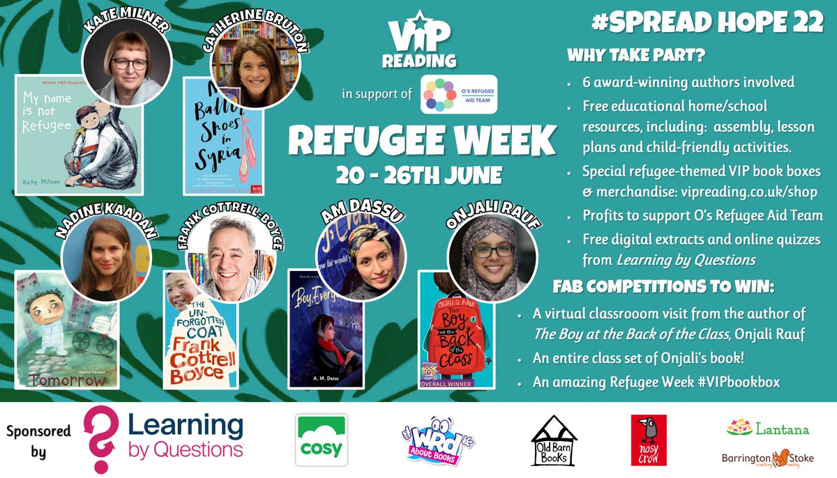 VIPreading's tweet photo. 🌱 #SpreadHope22 🌱

Proud to announce our EPIC collaboration for #RefugeeWeek22

🤩 6 incredible authors
🎥 Author videos
🆓 Educational resources KS1/2/3
📦 #VIPbookboxes https://t.co/g4EGrciUei
✅ @LbQ digital extracts &amp; questions
🎉 Amazing giveaways

❤️ Profits to @o_refugee https://t.co/s96oE2FkFp