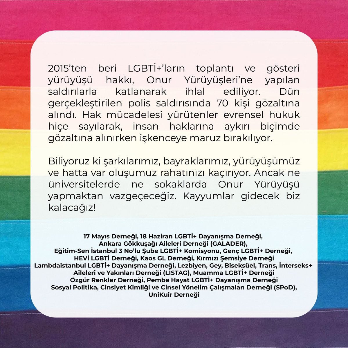 🔵#BoğaziçiOnurYürüyüşü 
LGBTİ+ Dernekleri Ortak Basın Açıklaması
@pembehayat_lgbt @18haziranlgbti @galadernegi @genclgbti @HeviLgbt @KaosGL @KirmiziSemsiyeD @LGBTTAileGrubu @lambda_istanbul @muammaIgbti @ozgurrenkler @spodlgbti @unikuir