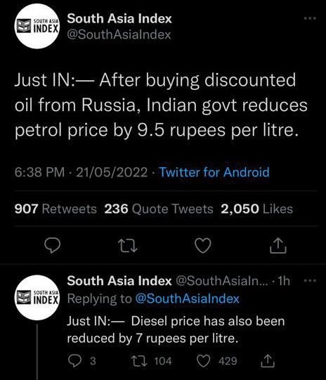 Despite being part of the Quad, India sustained pressure from the US and bought discounted Russian oil to provide relief to the masses. This is what our govt was working to achieve with the help of an independent foreign policy.
1/2