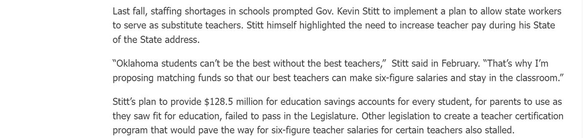 James409Jason's tweet photo. Gov Stitt says Ts need to be paid 6 figures and his budget includes $0 money for T pay &amp; no new $ in funding formula. I hope the OK voter is paying attention to what Stitt does and not what he says. #oklaed https://t.co/ogaUsZzzdp