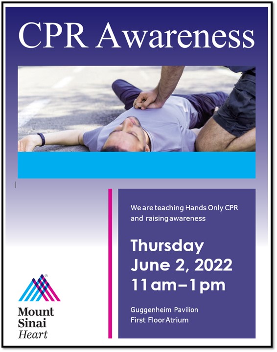 .<a href="/MountSinaiHeart/">Mount Sinai Fuster Heart Hospital</a> will be hosting a #CPR Awareness event on Thursday, June 2 from 11 am - 1 pm ET. Stop by and learn CPR!

<a href="/MountSinaiNYC/">Mount Sinai Health System</a> #CardioTwitter