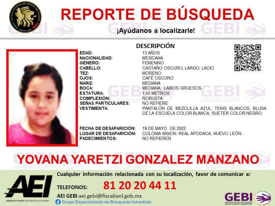 🚨#Aviso solicitamos su colaboración para localizar a la menor JOVANA YARETZI GONZALEZ MANZANO #Apodaca vía wsp B95EHK
