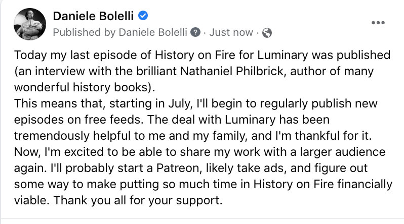 DBolelli's tweet image. Today, my last episode of History on Fire for Luminary was published (an interview with the brilliant Nathaniel Philbrick, author of many wonderful history books). 
More info in the attached pic.