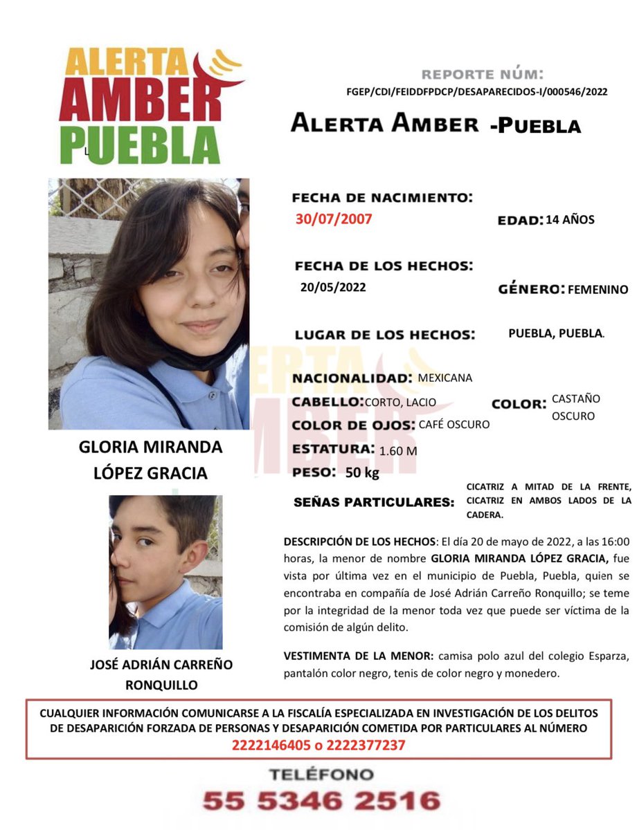 CCSJPuebla's tweet photo. #AlertaAmber 📣

Solicitamos su apoyo y RT para la búsqueda y localización de Gloria Miranda López Gracia y a José Adrián Carreño Ronquillo de 14 años de edad. Fueron vistos por última vez en Municipio de Puebla. https://t.co/Fxrr76eNG3