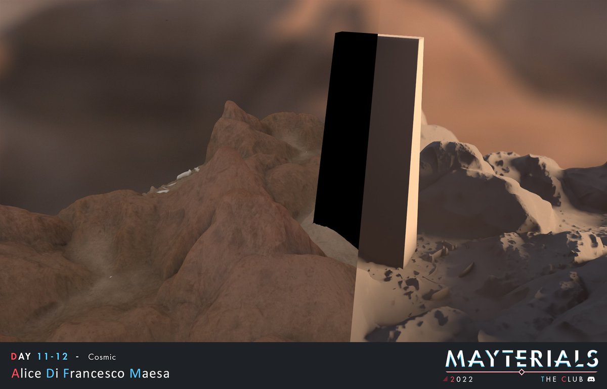 Pretty sure this can't be considered a material but whatever... just needed something quick and fun to start again working on #mayterials <a href="/TheClubDiscord/">The Club</a> 
All done in #SubstanceDesigner (original mesh is just a plane)
#MadeWithSubstance 
Render/Albedo vs Clay (Height+Normal+AO)