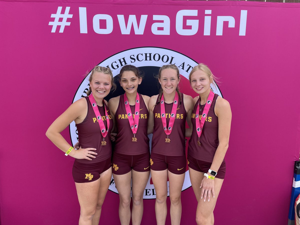 MPActivities1's tweet photo. Panther girls shuttle hurdle relay team of Gilmore, Westercamp, Blint &amp; Lamm finished 7th at the 2022 class 3A state track meet! Congratulations girls! GO MP! https://t.co/KYthB3VpAz