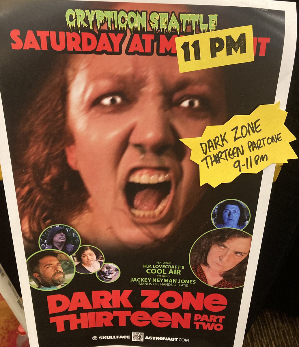 skullfaceastro's tweet image. TONIGHT! Horror anthology Dark Zone Thirteen screens at 9 p.m. followed by Dark Zone Thirteen Part Two at 11 at @crypticon Seattle! #crypt22 #crypticonseattle #crypticon #indiefilm #indiehorror #lovecraft #hplovecraft