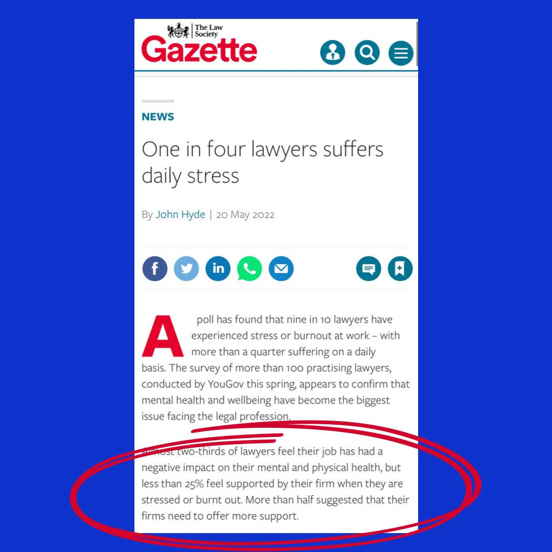 What worries me isn’t the stress and burnout. We knew this already. It’s the second part.

‘Almost 2/3 of lawyers feel their job has a negative impact on their health BUT less than 25% feel supported by their firm when they are stressed or burnt out’

1/