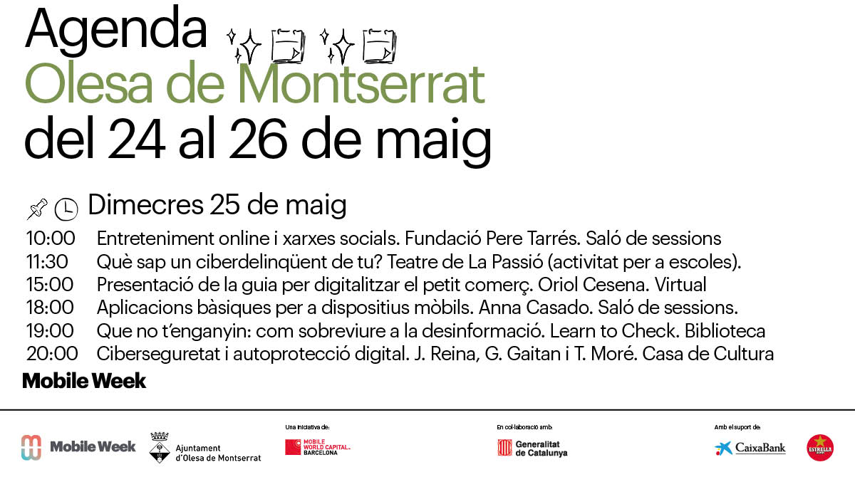AjuntamentOlesa's tweet photo. 🔴 MOBILE WEEK: CIBERSEGURETAT I DESINFORMACIÓ
Dimecres és el dia fort de la #mWeekOlesa!
👀 Entre totes les activitats, destaquen les que van destinades a la #ciberseguretat: No deixis perdre l'ocasió de formar-te en les noves tecnologies gràcies a la #mweekcat22. https://t.co/WYUzmlH8eU