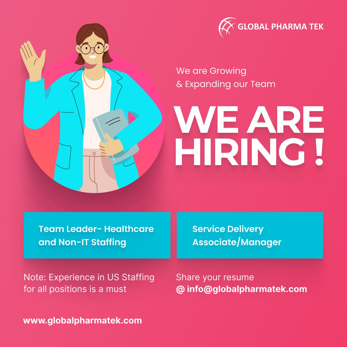 GlobalPharmaTek's tweet image. We are growing and expanding our team. We are looking for #TeamLeaders, #ServiceDeliveryManagers and #ServiceDeliveryAssociates. For all the positions, experience in #USStaffing is a must. Please contact us for more information.
Share your resume to info@globalpharmatek.com