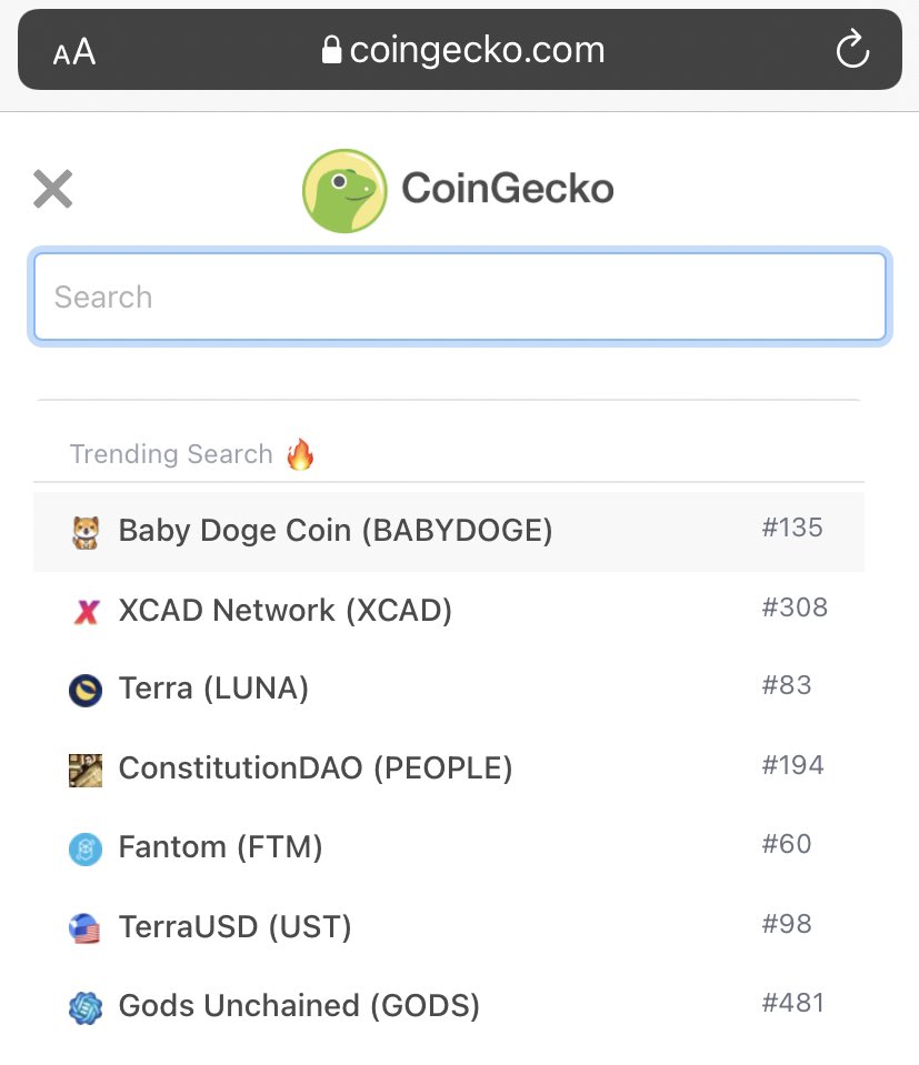 Trending on @CoinGecko 

#BabyDoge 🐶🔥 

coingecko.com/en/searchbox

#Luna #BSC #BinanceSmartChain #Binance #BabyDogeArmy
