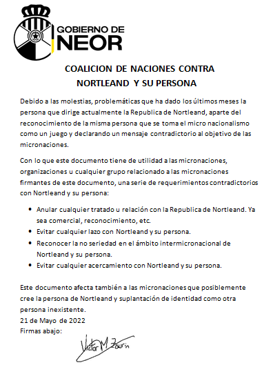 NeorNacion's tweet photo. Hacemos un llamamiento a todas las micronaciones para que firmen esta coalición contra Nortleand y el no serialismo en las micronaciones.
Especificaciones en el documento.

Gobierno Neores
#micronaciones #micronations #Neor https://t.co/A0ssAiEsWS