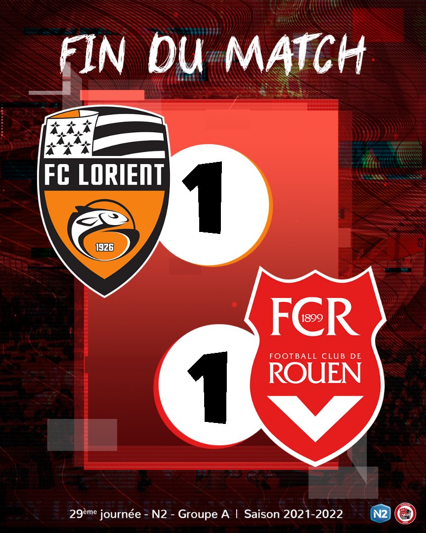 🚨 90' 𝗙𝗜𝗡 𝗗𝗨 𝗠𝗔𝗧𝗖𝗛 : <a href="/FCLorient/">FC LORIENT 🐟</a> B 1-1 #FCRouen. ⌛⚽🔴⚪

Les Rouennais ont bien réagi en seconde période avec un tout autre visage. Nos Diables Rouges réalisent une impressionnante série de 10 matchs sans défaite. 

🎯 67' : Mondy Prunier 

#TeamFCR #Rouen #Normandie