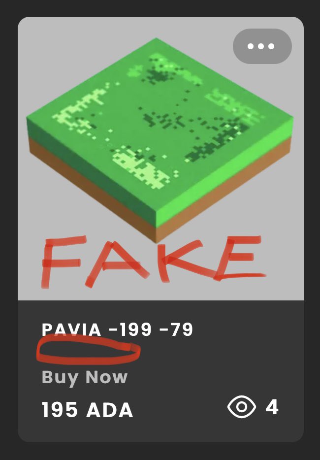 Pavia_io's tweet photo. Please be careful when buying any NFT on any marketplace. Here is yet another example of a fake Pavia Land parcel. It is 100% worthless. Wherever you trade you should always double check the minting policy ID and all other details very carefully. Trade safely! 🙏🏼 https://t.co/QoZASyukdu