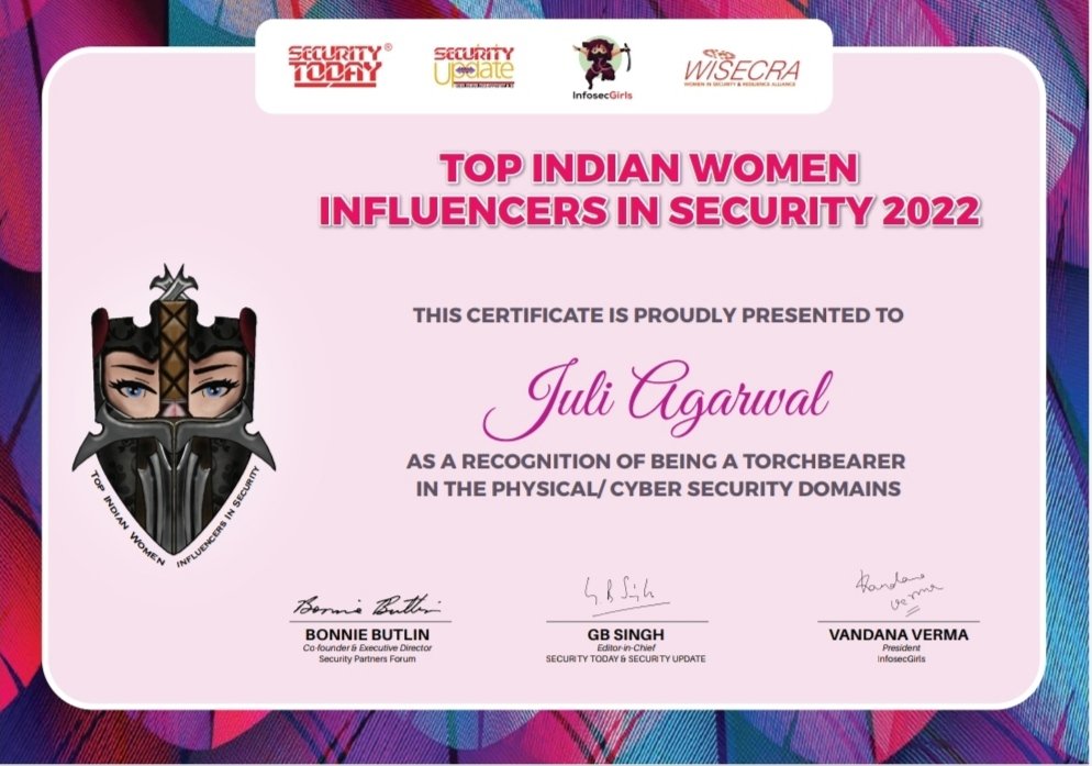 AgarwalJuli's tweet photo. Featured as one of "Top Indian Women Influencers in Security 2022" recognised by @SECURITY2DAY @infosecgirls @hack_corner   

#TIWIIS #womeninsecurity #womenincybersecurity #influencer #security #informationsecurity #cybersecurity https://t.co/MbG8rgtNg9