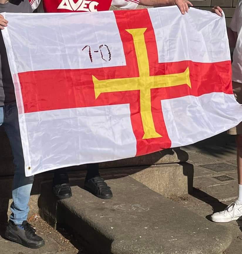 BlueBullDave's tweet photo. @Guernsey_FA - we have your flag from Royal Square if you want it back - burnt a little reminder of the final score on it too for you 🤣🤣🤣🤣 https://t.co/GymAqXyUHl