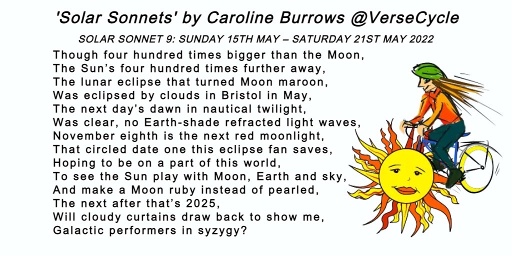 VerseCycle's tweet photo. Solar Sonnet 9 by Caroline Burrows /@VerseCycle
 #SolarSonnets #SolarSonnet9 #SolarSonnet #sonnet #carolineburrows #versecycle #cyclepoet #bristolpoet #sciencepoem #sunpoem #spacepoem #suncycles #astronomy #syzygy #thesun #poetry #theuniverse #lunareclipse #bloodmoon #flowermoon https://t.co/qC7gDEL2tf