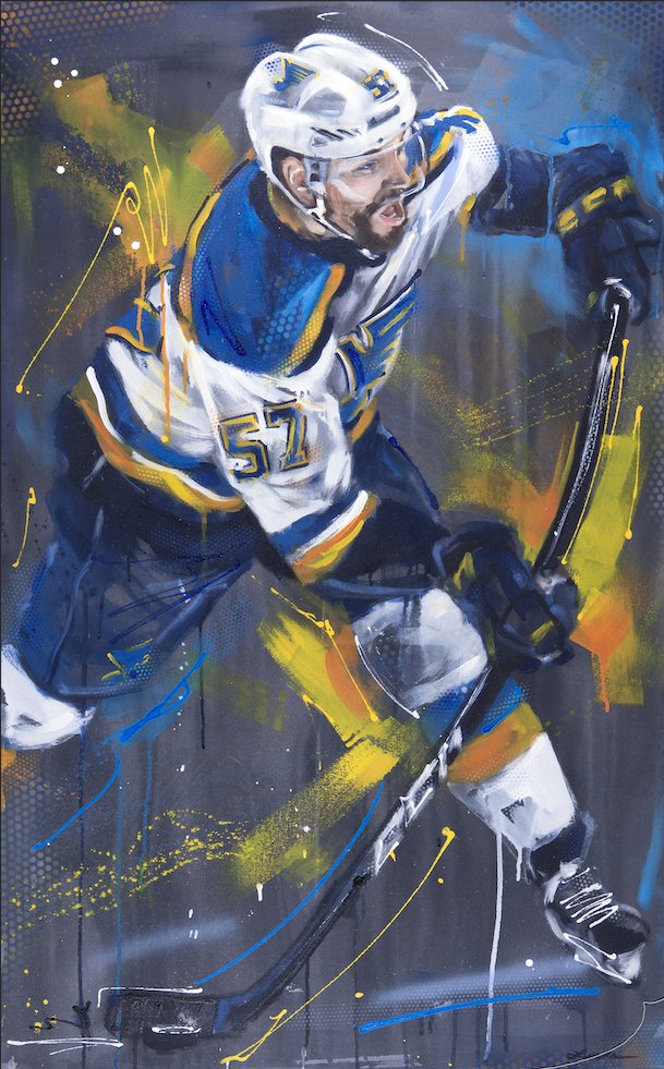 StLouisBlues's tweet photo. Fans have until 9 p.m. to bid on this one-of-a-kind painting of David Perron, created by local artist @kylelucksart, in today's playoffs auction! Proceeds benefit Blues for Kids.

BID NOW: https://t.co/JJS32RVOOx https://t.co/z5Y3U0qVh9