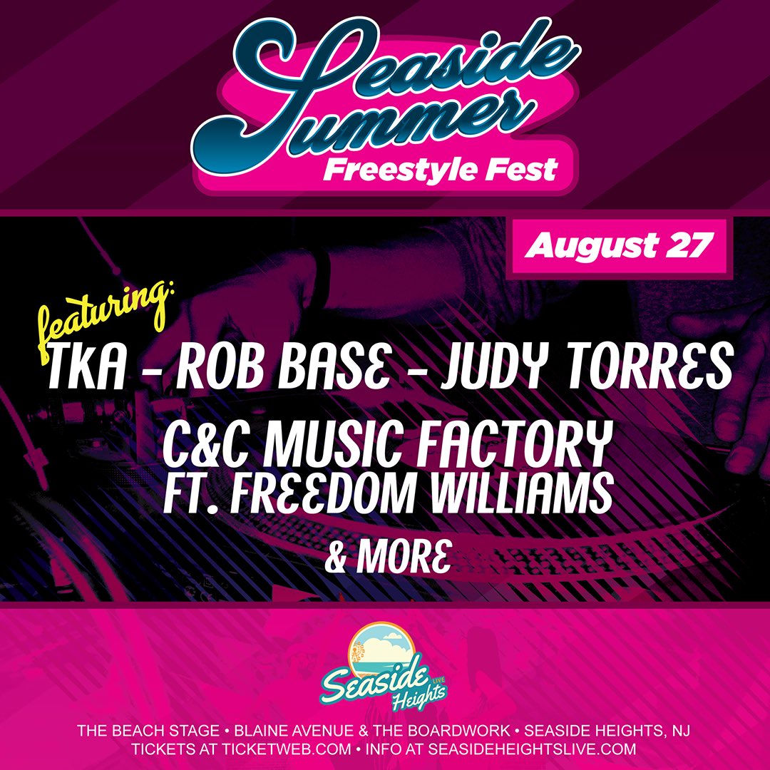Seaside Summer Freestyle Fest Sat Aug 27 Get Tickets Now @ bit.ly/FreestyleFestJ… <a href="/K7TKA/">K7 TKA</a> <a href="/Robbasemusic/">Rob Base</a> <a href="/judytorresmusic/">Judy Torres</a> &amp; more #freestyle #freedomwilliams