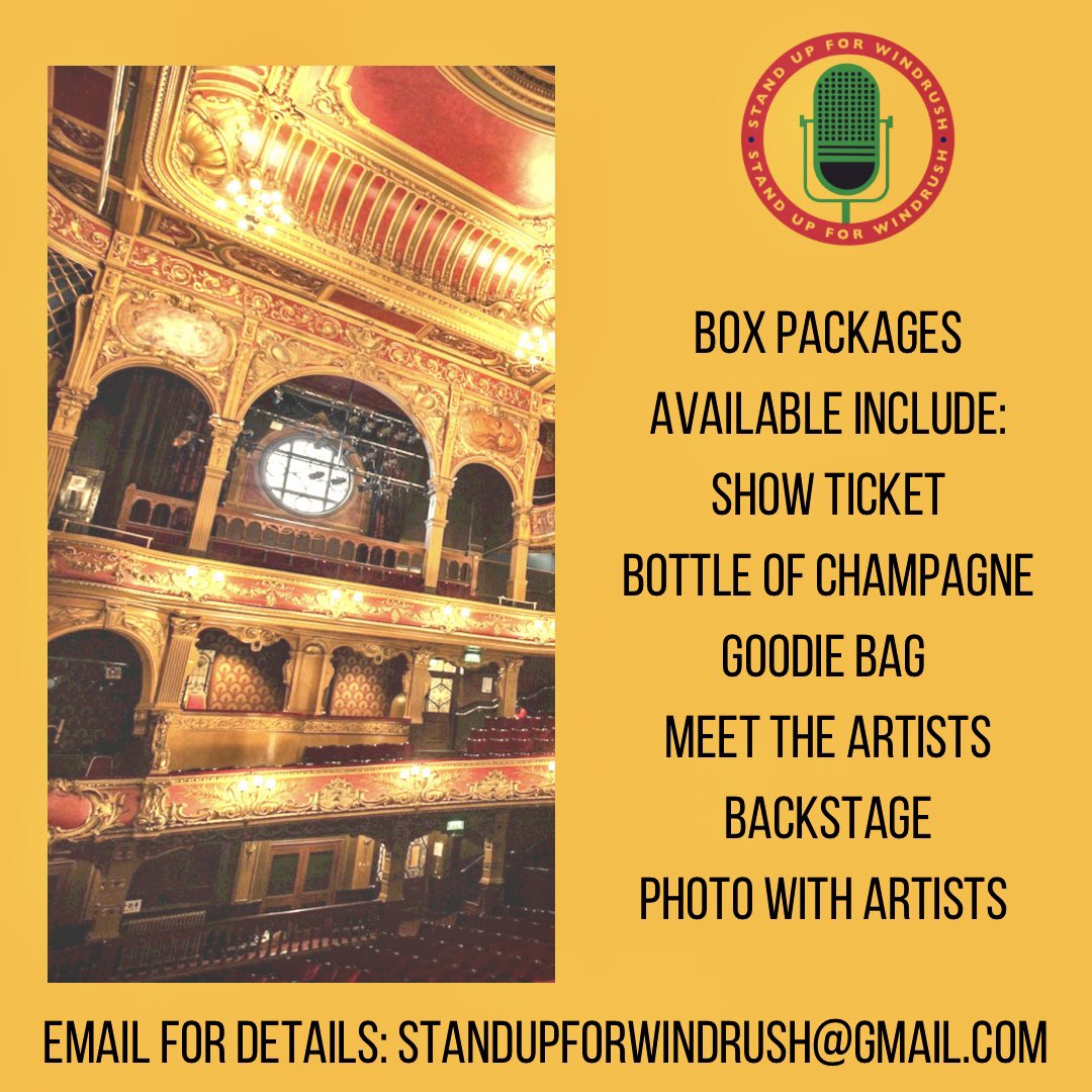 StandUpWindrush's tweet photo. 🌟The Best Seats In The House🌟
Meet the artists, sip champagne and enjoy a goodie bag at Stand-Up For Windrush @hackneyempire June 19th. Tickets ➡️ https://t.co/mT4HONdxmO
•
#blackartmatters #standupforwindrush #windrush #windrushgeneration #windrushday #hackney https://t.co/hK7b69on7M