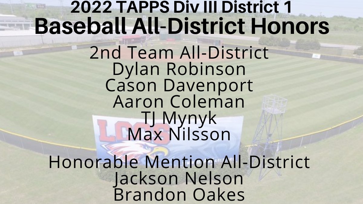 Congratulations to Eagles earning All-District Honors! 
2nd Team All-District: Dylan Robinson, Cason Davenport, Aaron Coleman, TJ Mynyk, &amp; Max Nilsson
Honorable Mention: Jackson Nelson &amp; Brandon Oakes 🦅⚾️ #lccseagles <a href="/dfwvarsity/">dfw varsity</a> <a href="/TAPPSBaseball/">TAPPS Baseball</a> <a href="/PSTxHSBaseball/">PrivateTxHSBaseball ⚾️🎙</a> <a href="/VYPEDFW/">VYPE DFW</a>