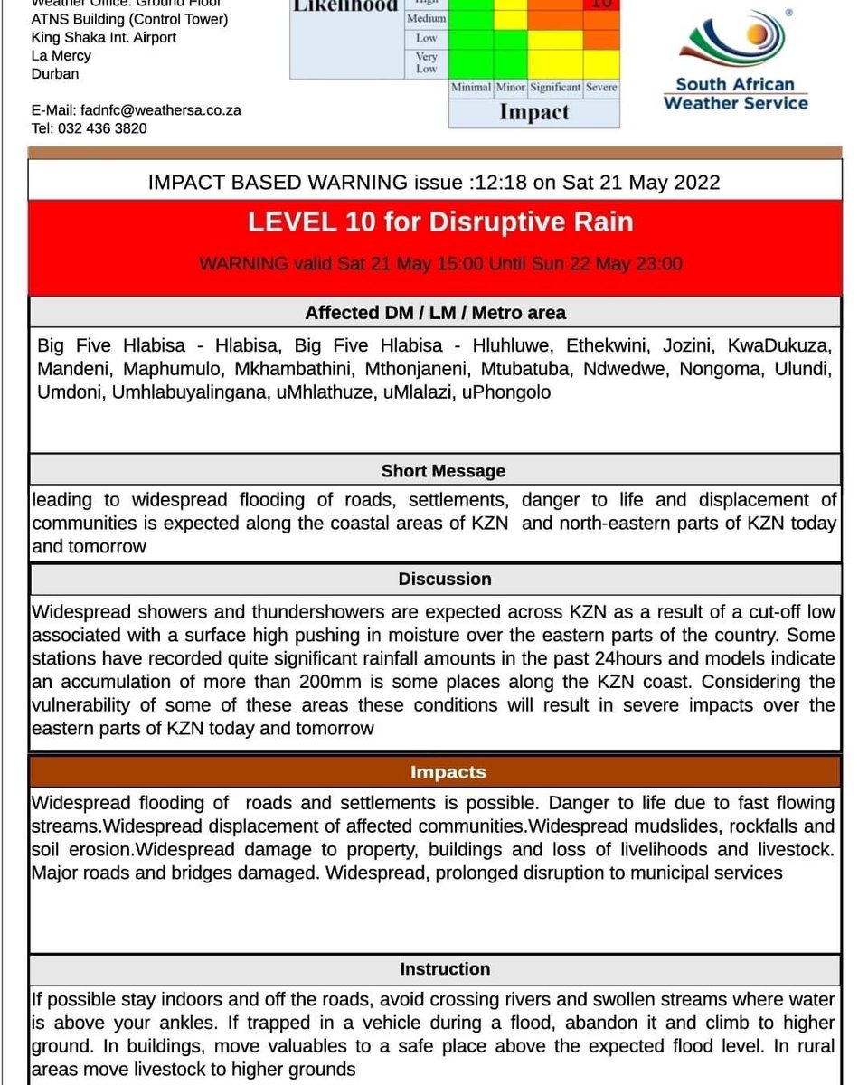 robertmarawa's tweet photo. 🔴 Be on high alert overnight in KZN as heavy, heavy rains continue to lash out as we speak!! A LEVEL 10 warning which is the highest has been issued!! Here's some info and emergency numbers!! 🔴

🙏🏾🙏🏾
#KZNFloods https://t.co/qvG8VmT3t2