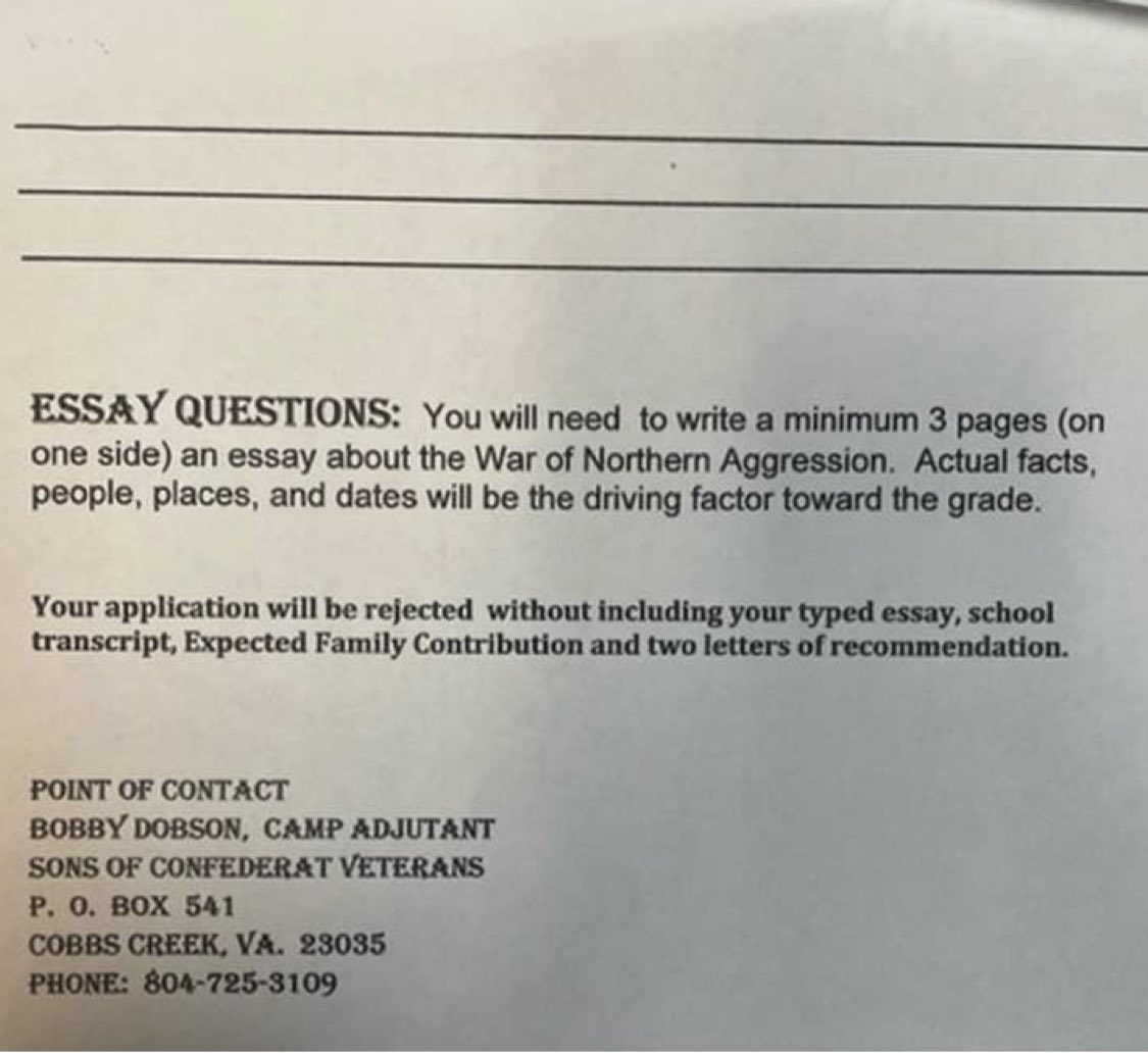 QasimRashid's tweet photo. Robert Dobson—a Republican elected to Matthews Co, VA school board—is requiring student essays about “The War of Northern Aggression.”😳

Here’s his public contact. Pls do NOT send him essays on how his racist side lost the Civil War.
(804)725-3109 robert.dobson@mathews.k12.va.us https://t.co/Fa8LEWeXyy
