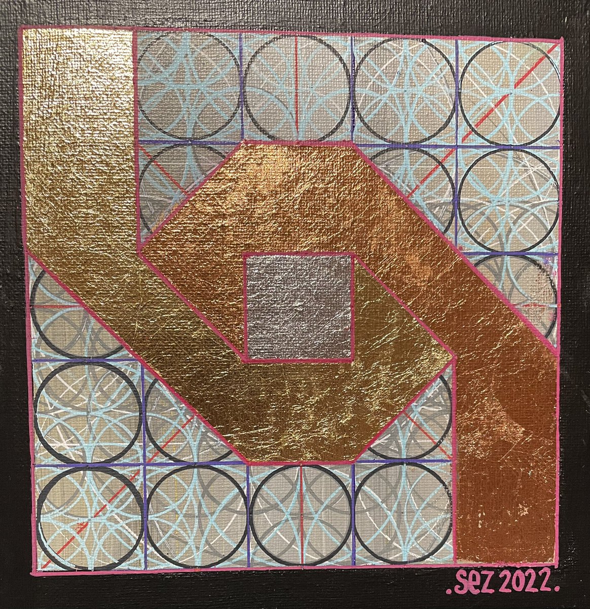 zelusiom's tweet photo. A small artwork I made after being inspired by a painting on a wall in Russian Doll on Netflix. #geometry #geometricart #compassart #netflix #russiandoll #silverleaf #goldleaf #copperleaf #art #canvasart #seziom #aphantasia https://t.co/wCsAV3KA3U