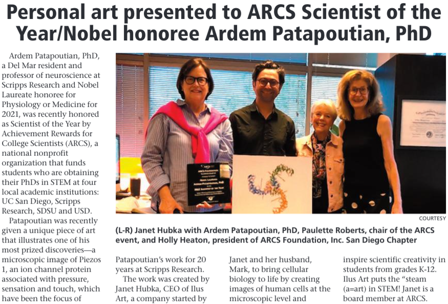 SanDiegoARCS's tweet photo. Congrats &amp; heartfelt thanks to #ARCSMember Janet Hubka, CEO @ilus_art, for creating the perfect gift for 2022 SOY @ardemp; namely, a microscopic image of the Piezo1 ion channel protein that helps cells to sense touch, the focus of his work @scrippsresearch leading to @NobelPrize. https://t.co/oHyhyqqmoW