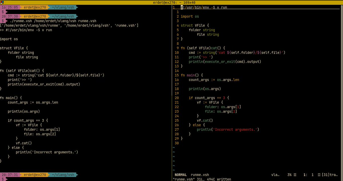 erdetn's tweet photo. Integration with C, simplicity/elegance and V shell are three of the main features that makes me love @v_language . This is an example of V shell script. https://t.co/TzuXJWEYPC