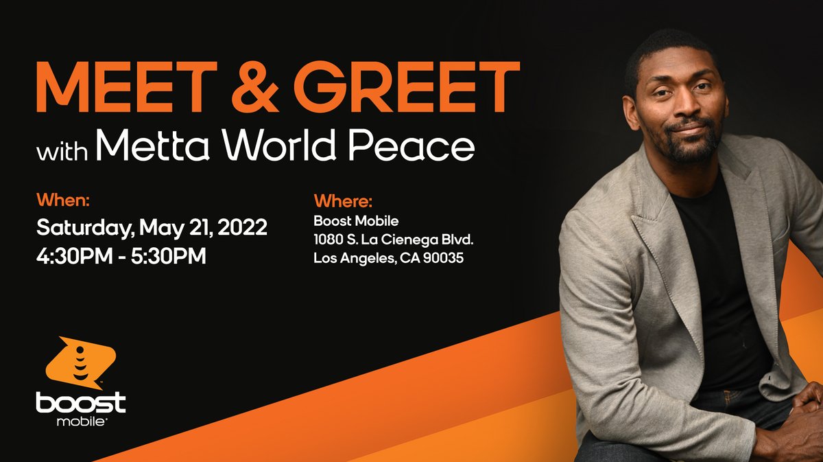 boostmobile's tweet photo. We’re THRILLED to invite you to join Boost Mobile for a Meet &amp; Greet with Metta World Peace this Saturday, May 21. Come hang out at this once in a lifetime opportunity! You can win sweet swag, gas cards, and even autographed Metta cards. Did we mention it’s FREE? #boostmobile https://t.co/ZyVt9FE45N
