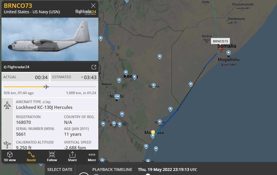 Laurent_Le_Bloa's tweet photo. #USNAVY KC130J #BRNCO73 fm #Mombasa to #Djibouti via #Wanlaweyn #BaleDoogle USAFB in #Somalia
@RAbdiAnalyst @Abdi678 @G_OnTheGround @ATCprowler @kinjeketile @OAbraar @Defense137 https://t.co/5ag0vV4zZX
