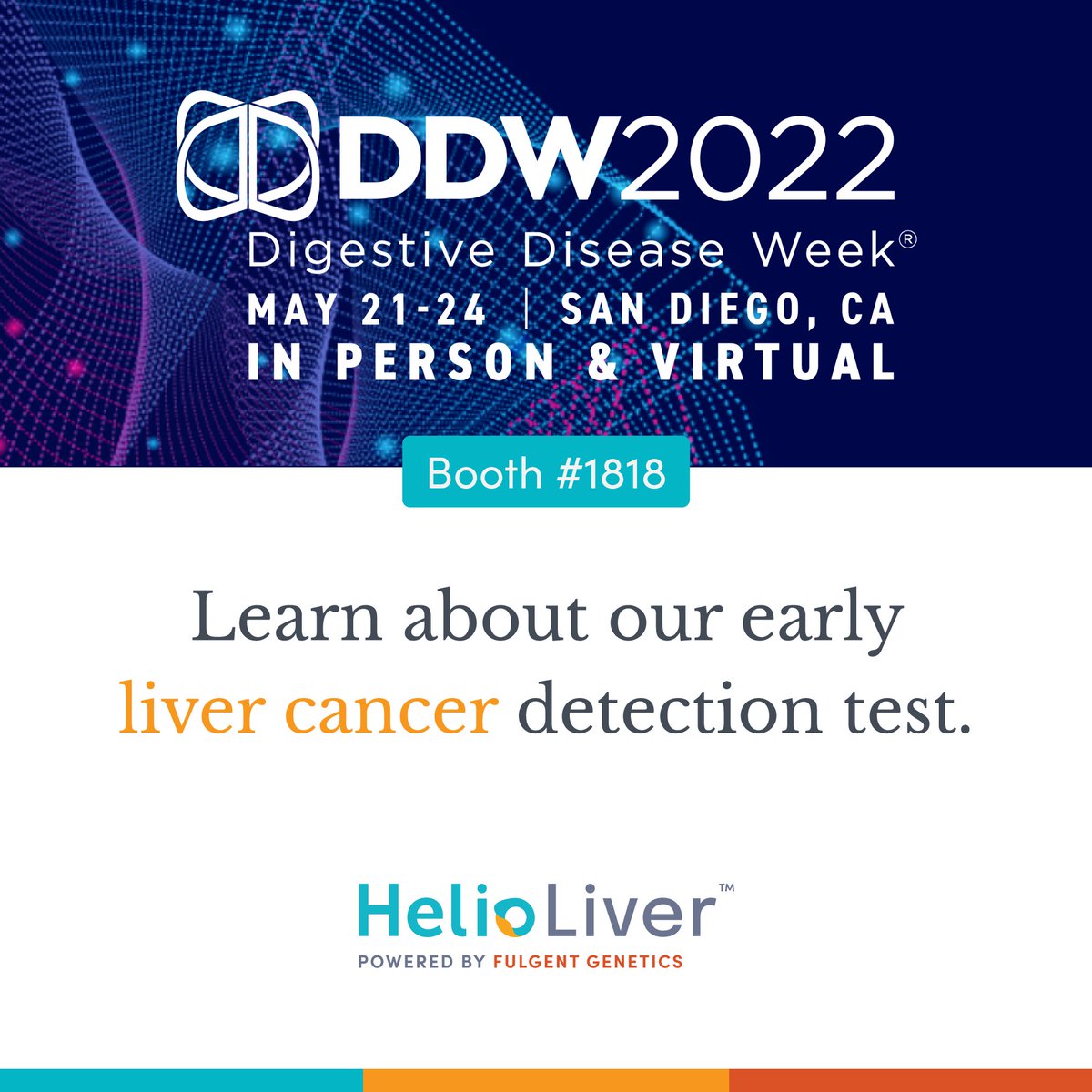 FulgentGenetics's tweet photo. We’re here at Digestive Disease Week #DDW2022 – Stop by our booth #1818 to chat, pick up some swag, and discover #HelioLiver: the innovative, highly-sensitive test for detecting #livercancer in its earliest stages. 

More details available at https://t.co/jHvjcewxNj! https://t.co/PRk7dEn8QW